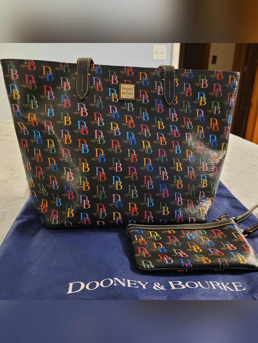 Dooney & Bourke Black Multi DB 75 Logo Shopper Tote with Matching Wristlet